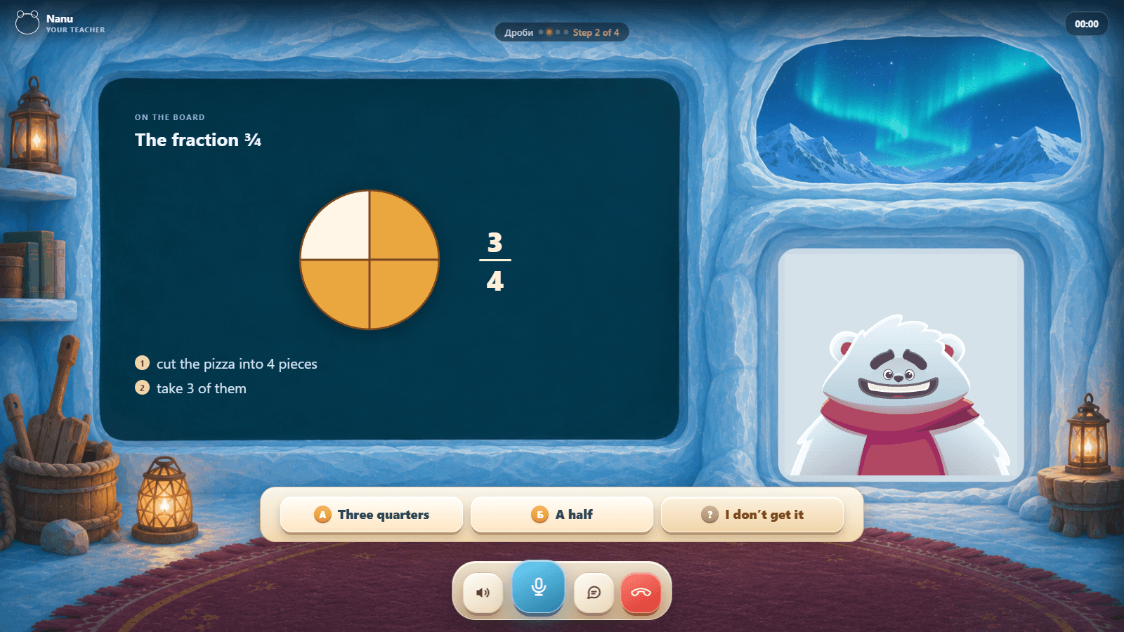 The board: the fraction ¾ on a circle and the steps of the explanation