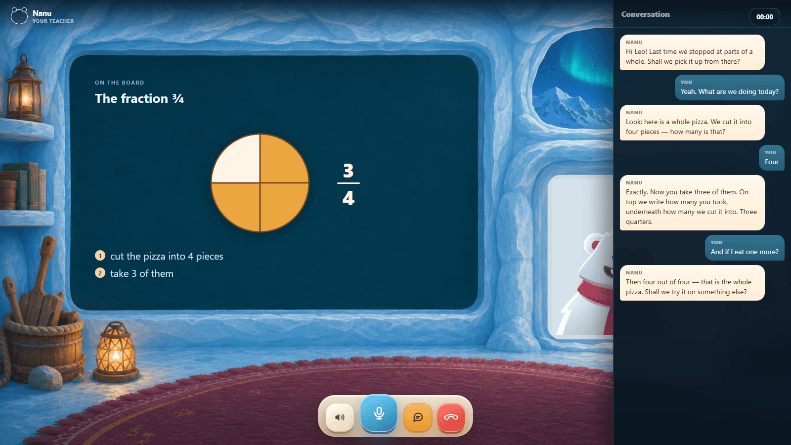 A call with Nanu: the board on the left, the child’s and teacher’s lines on the right